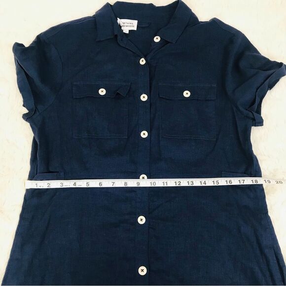 Navy Blue 100% Linen Short Sleeve Button Front Dress Classic Midi Size Large New - Picture 11 of 12